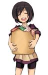  black_hair bob_cut closed_eyes copyright_request head_tilt hirase_yuu laundry laundry_basket open_mouth short_hair simple_background smile solo white_background 