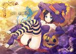  ass bare_shoulders black_hair black_panties blue_eyes blush breasts cleavage collar covered_nipples crossed_legs dress elbow_gloves gloves halloween happy_halloween hat highres jack-o'-lantern knees_on_chest large_breasts legs looking_at_viewer lying marie_(persona_4) on_back panties persona persona_4 persona_4_the_golden print_panties pumpkin short_hair sitting skirt solo star star_print striped striped_legwear thighhighs underwear witch_hat yumegi_(mg.) 