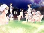  1boy 6+girls arched_back armpits arms_up ass black_hair blonde_hair blue_hair blush breasts cleavage flat_chest game_cg harem large_breasts long_hair mixed_bathing multiple_girls night nipples nude onsen open_mouth partially_submerged pimp purple_eyes short_hair sitting sky smile standing steam tail towel tree trees water white_hair 