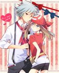  1girl ass ass_grab bandana belt_pouch bike_shorts blue_eyes bow brown_hair fanny_pack hand_in_pocket haruka_(pokemon) heart height_difference looking_at_viewer miyamotokannn necktie poke_ball pokemon pokemon_(game) pokemon_rse pouch red_eyes shirt silver_hair striped striped_background suspenders tsuwabuki_daigo waist_poke_ball 