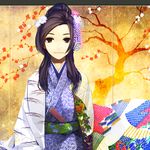  bad_id bad_pixiv_id black_hair blush branch character_request dated fan flower folding_screen hair_ornament highres japanese_clothes kimono leaf_print light_smile lips long_hair looking_at_viewer poaro ponytail sengoku_wars signature solo tree yellow_eyes 