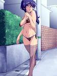  1girl blue_eyes blue_hair bra breasts glasses hinata_aki keroro_gunsou lingerie long_hair milf navel nightmare_express open_mouth outdoors panties pantyhose road standing street thighhighs underwear walking 