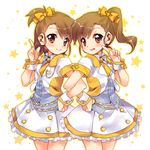  :d blush bow brown_hair ech futami_ami futami_mami hair_bow heart idolmaster idolmaster_(classic) idolmaster_shiny_festa locked_arms long_hair multiple_girls open_mouth outline siblings side_ponytail sisters skirt smile star wrist_cuffs 