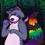 absurd_res anthro beaded_jewelry beads claws dragonnap ear_piercing fur gesture heterochromia hi_res industrial_piercing jewelry kandi_(jewelry) looking_at_viewer male mammal markings multicolored_body multicolored_fur paws piercing procyonid raccoon rainbow_body rainbow_fur smile solo sparklefur striped_markings striped_tail stripes tail tail_markings waving wings