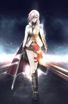  battlefield_(series) battlefield_3 blue_eyes boots cape final_fantasy final_fantasy_xiii fingerless_gloves gloves hair_over_one_eye highres libre lightning_farron long_hair looking_at_viewer miniskirt parody pink_hair skirt solo sword weapon 