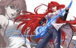  aozaki_aoko belt blue_eyes breasts denim detached_sleeves guitar highres instrument jeans large_breasts long_hair magic_circle mahou_tsukai_no_yoru music pants playing_instrument red_hair scrap_iron solo torn_clothes torn_jeans torn_pants very_long_hair zoom_layer 