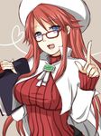  aty_(summon_night) blue_eyes book brooch glasses hat heart jewelry nuana open_mouth pointing red-framed_eyewear red_hair shirt solo summon_night summon_night_3 sweater taut_clothes taut_shirt turtleneck 