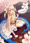  almond b.c.n.y. bare_shoulders big_eyes cup deviantart_sample flower highres image_sample long_hair looking_at_viewer minigirl multicolored multicolored_eyes nail_polish open_mouth original oversized_object petals silver_hair sitting solo spoon thighhighs twintails very_long_hair watermark 