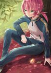  androgynous aqua_eyes bad_id bad_pixiv_id flower inazuma_eleven_(series) inazuma_eleven_go kirino_ranmaru male_focus petals pink_hair ponytail shain_roki sitting solo track_suit tree 