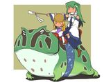  blonde_hair detached_sleeves frog frog_hair_ornament gohei green_hair hair_ornament hair_ribbon hat kochiya_sanae moriya_suwako multiple_girls multiple_riders onikobe_rin open_mouth outstretched_arm pointing ribbon riding saddle shirt skirt smile snake_hair_ornament touhou |_| 