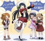  4girls :d belt belt_buckle beret bike_shorts black_belt black_footwear black_gloves black_hair black_shorts blue_hair blunt_bangs blunt_ends blush bow bowtie box brown_footwear buckle cape clenched_hands closed_eyes collar dot_nose dress gift gift_box gloves green_bow green_bowtie hairband hat highres holding holding_gift hugging_doll hugging_object idolmaster idolmaster_million_live! idolmaster_million_live!_theater_days itohari_(mamiiori1) kitakami_reika light_blush light_brown_hair long_hair long_sleeves multiple_girls nakatani_iku official_alternate_costume ogami_tamaki open_mouth orange_hair pants pantyhose parted_bangs parted_lips pink_dress red_cape red_dress red_pants ribbon santa_costume santa_hat short_hair shorts side_ponytail smile sparkling_eyes standing standing_on_one_leg suou_momoko thighhighs tint_me_(idolmaster) translation_request very_long_hair waist_ribbon wavy_hair white_collar white_hairband white_hat white_pantyhose white_thighhighs yellow_ribbon zettai_ryouiki 