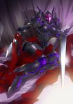  accel_world arm_blade armor bad_id bad_pixiv_id black_lotus_(accel_world) blade breasts duel_avatar highres lying medium_breasts pink_eyes platin_(alios) solo weapon 