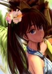  andou_shuuki bare_shoulders black_hair blue_eyes earrings flower ganaha_hibiki hair_flower hair_ornament hibiscus highres hoop_earrings idolmaster idolmaster_(classic) jewelry long_hair looking_at_viewer non-web_source ponytail scan shade solo 