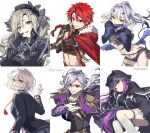  2boys 4girls alexander_(fate) bikini black_bikini black_cloak black_dress black_gloves black_jacket blue_nails blue_shrug braid braided_ponytail capelet carimarica cloak collage collar commentary_request dragon_tail dragon_wings dress edmond_dantes_(fate) fate/grand_order fate_(series) fingerless_gloves fingernails fish_bottle gloves grey_eyes grey_hair grin hair_between_eyes hand_up hands_on_own_face hands_up highres hood hood_up hooded_cloak jacket jeanne_d'arc_alter_(avenger)_(fate) jeanne_d'arc_alter_(fate) kriemhild_(fate) kriemhild_(first_ascension)_(fate) light_smile long_hair long_sleeves looking_at_viewer mask medusa_(fate) medusa_(lancer)_(fate) melusine_(fate) melusine_(swimsuit_ruler)_(fate) melusine_(swimsuit_ruler)_(first_ascension)_(fate) mouth_mask multiple_boys multiple_girls necktie ponytail purple_capelet purple_collar purple_eyes purple_hair red_eyes red_hair red_necktie simple_background smile swimsuit tail the_count_of_monte_cristo_(fate) thighhighs tongue tongue_out waving white_background white_thighhighs wings yellow_eyes 
