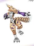 2024 3_fingers anthro bandai_namco black_claws black_sclera claws digimon digimon_(species) fingers full-length_portrait hi_res lordyanyu machine portrait purple_arms renamon robot simple_background solo tail white_background white_body white_ears white_tail yellow_body yellow_ears yellow_tail