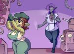 20pesos_sopa big_breasts black_body black_skin blush bodily_fluids breasts cigarette cleavage clothed clothing dark_elf duo elf female fia_(20pesos_sopa) goblin green_body green_skin hair hat headgear headwear hi_res humanoid humanoid_pointy_ears lei_(20pesos_sopa) not_furry overalls pointy_ears purple_hair smoking standing sweat tongue tongue_out