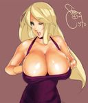  bare_shoulders blonde_hair blue_eyes bonne_jenet breast_hold breast_squeeze breasts choker cleavage dress eu03 fatal_fury huge_breasts long_hair mark_of_the_wolves one_eye_closed open_mouth snk solo work_in_progress 