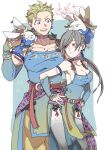  1boy 1girl alternate_legwear armlet belt blonde_hair blue_dress blue_nails blue_shirt border breasts brown_choker choker cleavage commentary_request cosplay dress earrings facial_hair final_fantasy final_fantasy_vi final_fantasy_vii final_fantasy_vii_ever_crisis grey_hair grey_thighhighs hair_tie hands_on_own_hips hat highres jewelry large_breasts long_hair low_ponytail monk nail_polish official_alternate_costume open_mouth oshibainoticket pants pelvic_curtain purple_eyes rabbit red_eyes sabin_rene_figaro sabin_rene_figaro_(cosplay) sash shirt short_hair sleeveless sleeveless_dress smile stubble swept_bangs thighhighs tifa_lockhart tifa_lockhart_(sabin&#039;s_style) waist_sash white_border wizard_hat yellow_pants 