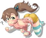  ? bare_shoulders blush bracelet brown_hair butterfly_hair_ornament choker chousoku_henkei_gyrozetter downblouse flat_chest green_eyes hair_ornament hase_yu inaba_rinne jewelry long_sleeves nipples open_mouth petite ribbon_choker shorts side_ponytail single_thighhigh smile solo striped striped_legwear thighhighs white_background 