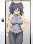  belt blue_eyes blue_hair breasts door glasses hinata_aki keroro_gunsou large_breasts long_hair looking_at_viewer milf nightmare_express solo standing twintails 