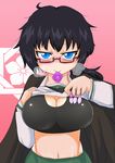  artist_request black_hair blue_eyes blush breasts cleavage condom condom_in_mouth girls_und_panzer glasses messy_hair mouth_hold navel oryou_(girls_und_panzer) school_uniform shirt_lift shirt_up used_condom 