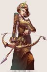  arrow bow_(weapon) brown_hair copyright_request dress earrings fantasy green_eyes hair_ornament hong_yu_cheng jewelry long_dress looking_at_viewer short_hair simple_background solo weapon 