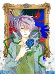  blue_flower blue_rose closed_eyes flower frame garry_(ib) hair_over_one_eye ib painting_(object) purple_hair red_flower red_rose rose tears tegaki thorns yellow_flower yellow_rose 