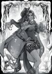  1girl aerith_gainsborough aerith_gainsborough_(terra&#039;s_garb) bracelet breasts cape cosplay dated detached_sleeves dress earrings feet_out_of_frame final_fantasy final_fantasy_vi final_fantasy_vii final_fantasy_vii_ever_crisis floral_print greyscale hair_bobbles hair_ornament hair_ribbon hand_on_own_chest hand_on_own_hip highres jewelry kay-i long_hair looking_at_viewer medium_breasts monochrome official_alternate_costume parted_bangs polka_dot polka_dot_legwear ponytail ribbon sash sidelocks solo strapless strapless_dress terra_branford terra_branford_(cosplay) tube_dress twitter_username waist_sash wavy_hair 