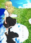 blonde_hair braid cloud cover cover_page day doujin_cover grass kirisame_marisa kuma_(crimsonvanilla) no_hat no_headwear puddle reflection short_sleeves side_braid skirt sky solo standing suspenders touhou yellow_eyes 