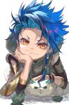  1boy :3 black_cloak blue_eyes blue_hair cloak close-up cu_chulainn_(fate) dog fate/grand_order fate_(series) hand_on_own_face looking_at_viewer male_focus orange_eyes setanta_(fate) signature sparkle suzuki_rika upper_body white_fur 