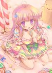  blush bow breasts candy dress food gingerbread_man hair_ornament hairclip heart highres hizukiryou large_breasts licking lollipop long_hair multicolored_hair orange_hair original purple_hair sitting solo star swirl_lollipop 