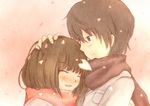  1girl :d ^_^ black_eyes black_hair blush brown_hair closed_eyes couple hand_on_another's_head hetero open_mouth original petals pochi_(poti1990) scarf short_hair smile wind 