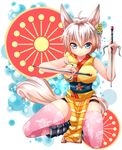  &gt;:) animal_ears blue_eyes blush fox_ears fox_tail hair_ornament holding nagare original pink_legwear sai_(weapon) short_hair silver_hair smile solo squatting tail thighhighs v-shaped_eyebrows weapon 