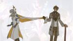  2boys brown_hair brown_scarf cane cape cape_grab catgirljoseph clothes_grab coat cowboy_shot glasses grey_coat grey_hair grey_pants halo head_wings highres holding holding_cane honkai:_star_rail honkai_(series) long_sleeves medium_hair multiple_boys pants scarf sunday_(honkai:_star_rail) vest welt_yang white_cape white_coat white_vest wings 