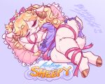 anthro blasticussaturn blonde_hair bovid bow_ribbon butt caprine clothing curled_hair female frilly frilly_clothing hair hi_res hooves horn mammal nipple_outline one_eye_closed panties pillow ribbons sheep simple_background smile solo text tired underwear