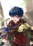  1boy armor black_gloves blue_eyes blue_hair brooch brown_cape cape commentary_request fire_emblem fire_emblem_heroes gloves jewelry looking_at_viewer male_focus marth_(prince_of_light)_(fire_emblem) open_mouth red_shirt shirt shoulder_armor signature smile suzuki_rika tiara 
