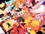  1boy 1girl :d black_hair braid controller dress game_controller glasses goggles gun gun_to_head holding holding_gun holding_weapon jacket jacket_on_shoulders kagerou_project kashokusei:_idol_shoukougun_(vocaloid) kisaragi_momo kisaragi_shintarou looking_at_viewer mini_person miniboy one_eye_covered opaque_glasses orange_dress orange_hair partially_opaque_glasses red_jacket revolver shirotsuki_(sirokuro815) smile song_name weapon white_jacket 