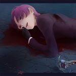  bazett_fraga_mcremitz blood earrings fate/hollow_ataraxia fate_(series) formal fragarach gloves jewelry misoiri_(gokutsubushi) pool_of_blood purple_eyes purple_hair short_hair solo suit 