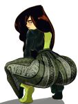  1girl absurdres alternate_costume ass bell-bottoms black_bodysuit black_hair bodysuit dand_u green_bodysuit green_eyes green_pants highres huge_ass kim_possible_(series) long_hair looking_at_viewer looking_back pants print_pants print_request shego simple_background solo squatting thick_thighs thighs tiptoes two-tone_bodysuit white_background 