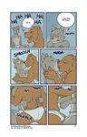  bear blush briefs bulge camping canine comic dialog do_not_distribute english_text erection gay grizzly_bear kissing laugh male mammal penis rain tent text underwear wolf 