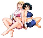  2girls back-to-back bare_legs barefoot black_hair blonde_hair blue_shorts blush bottle breasts brown_eyes commentary_request fingerless_gloves full_body gloves green_eyes highres holding holding_bottle holding_hands indian_style kuzuryuu_hanako large_breasts long_hair looking_at_viewer medium_hair midriff mma_gloves multiple_girls navel open_mouth parted_lips pink_footwear plastic_bottle red_gloves samejima_reona shorts simple_background sitting smile sogabe_toshinori sweat towel towel_around_neck twintails water_bottle white_background white_gloves yankee_jk_kuzuhana-chan 