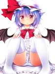  bat_wings blue_hair blush bow hat hat_ribbon highres looking_at_viewer panties red_eyes remilia_scarlet rena_(riries) ribbon sitting skirt smile solo striped striped_panties thighhighs touhou underwear white_legwear wings 