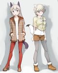  alternate_hair_color animal_ears blue_eyes brave_witches collarbone eila_ilmatar_juutilainen fashion grey_legwear hands_in_pockets hi-ho- legwear_under_shorts looking_at_viewer multiple_girls nikka_edvardine_katajainen pantyhose purple_hair red_legwear shorts silver_hair standing strike_witches tail tongue tongue_out world_witches_series 