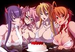  4girls blonde_hair blue_eyes bra breasts brown_hair busujima_saeko cake food gold_eyes highschool_of_the_dead horns large_breasts long_hair marikawa_shizuka miyamoto_rei multiple_girls pink_hair purple_hair red_eyes smile takagi_saya underwear yellow_eyes 