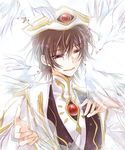  bird black_hair code_geass hat lelouch_lamperouge male_focus maretsuki pink_eyes smile solo uniform white_background 