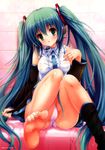  absurdres aqua_eyes aqua_hair barefoot detached_sleeves feet hatsune_miku headset highres huge_filesize knees_together_feet_apart long_hair nail_polish panties scan single_sock sitting socks soles solo suzui_narumi toenail_polish twintails underwear very_long_hair vocaloid wet wet_clothes white_panties 