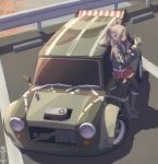  1girl alternate_costume baronilu black_jacket black_thighhighs brown_eyes brown_hair car hachimaki hakama hakama_short_skirt hakama_skirt headband high_ponytail highres jacket japanese_clothes kantai_collection long_hair long_sleeves motor_vehicle outdoors ponytail red_hakama skirt solo standing thighhighs zuihou_(kancolle) 