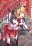  :d alternate_costume blonde_hair blush flandre_scarlet gurasion_(gurasion) highres holding looking_at_viewer open_mouth red_eyes side_ponytail skirt smile solo touhou umbrella wings 