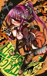  1girl blood boots breasts cleavage cyclops eyeball fang hair_ornament halloween highres jack-o&#039;-lantern jack-o'-lantern knee_boots kneehigh_boots monster_girl one-eyed pink_hair pointy_ears ponytail pumpkin red_eyes saliva saliva_trail sangyou_haikibutsu_(turnamoonright) saw skirt solo striped striped_legwear striped_stockings thighhighs tongue tongue_out trick_or_treat turnamoonright 