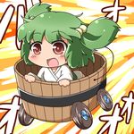  blush bucket green_hair hair_bobbles hair_ornament in_bucket in_container jinnouchi_akira kisume long_sleeves open_mouth red_eyes short_hair smile solo touhou twintails wheel wide_sleeves wooden_bucket 